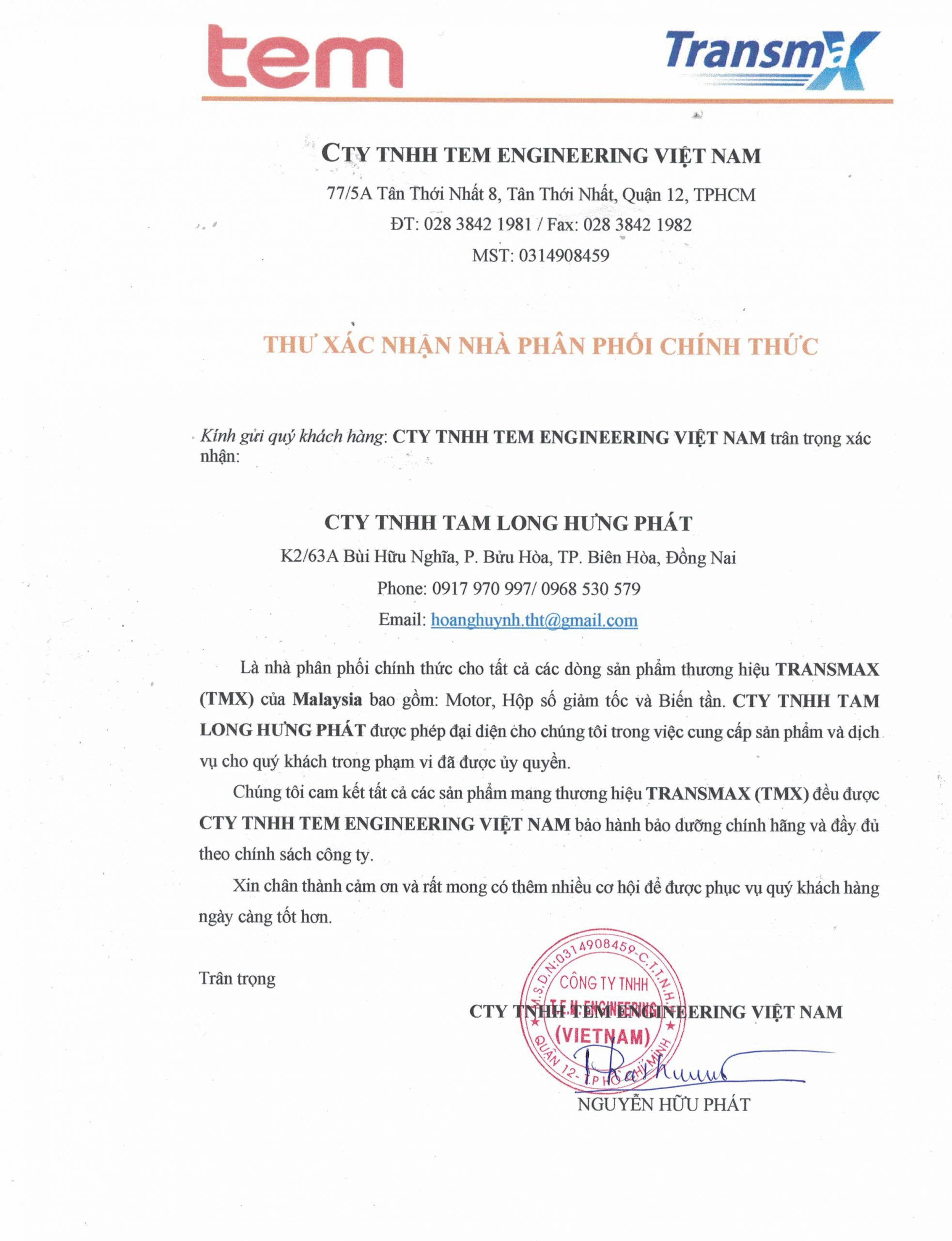 Giấy chứng nhận nhà phân phối động cơ điện Transmax
